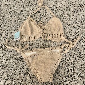 NEW Cupshe Crochet 2 piece bathing suit Beige Large